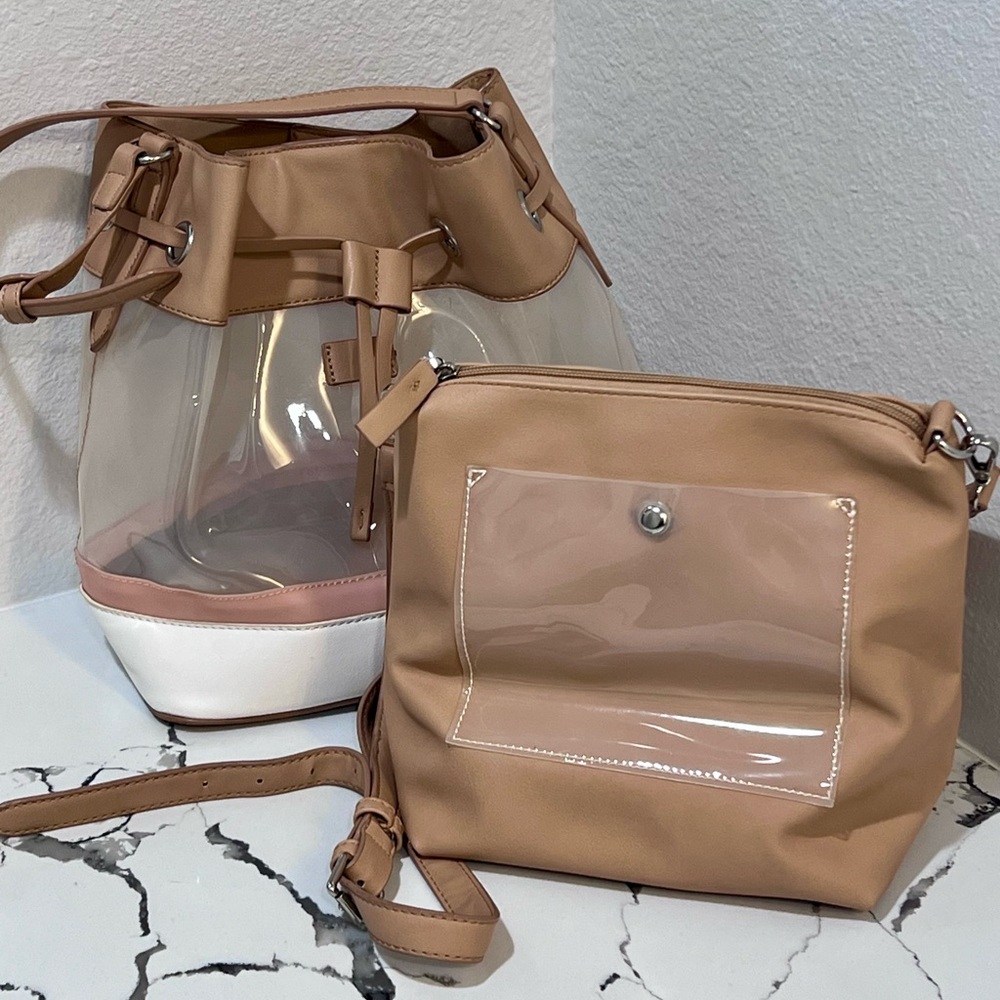 Parfois Nude Blush Clear Bucket Bag w/ Removable Zip Pouch – Excellent Two Piece
